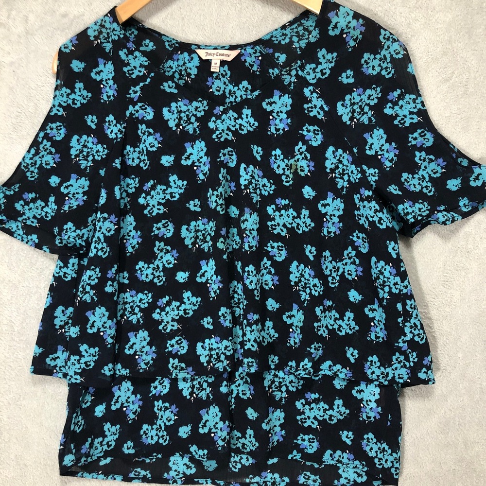 Juicy Couture Floral Print Tiered Blouse Top Short Sleeve Black Blue M